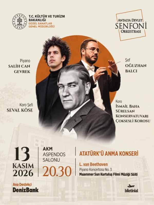 Atatürk'ü Anma Konseri - Antalya Devlet Senfoni Orkestrası, 13 Kasım 2026, A.K.M. Aspendos Salonu, Antalya konser afişi