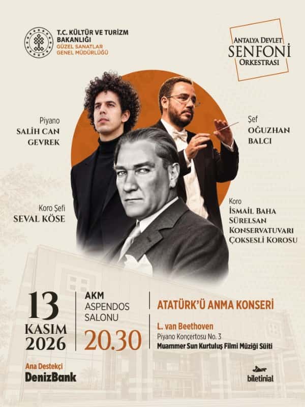 Atatürk'ü Anma Konseri - Antalya Devlet Senfoni Orkestrası, 13 Kasım 2026, A.K.M. Aspendos Salonu, Antalya konser afişi