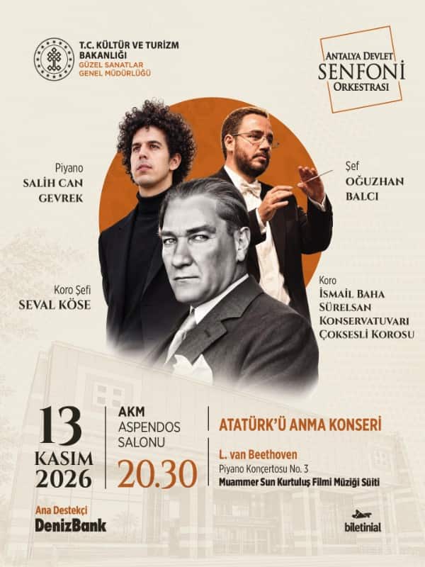 Atatürk'ü Anma Konseri - Antalya Devlet Senfoni Orkestrası, 13 Kasım 2026, A.K.M. Aspendos Salonu, Antalya konser afişi