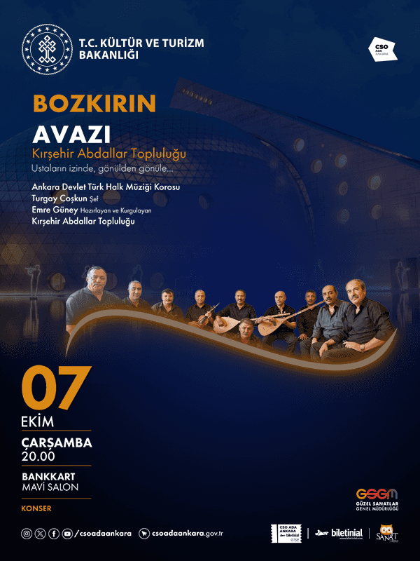 Bozkırın Avazı - Kırşehir Abdallar Müzik Topluluğu, 7 Ekim 2026, CSO ADA ANKARA Bankkart Mavi Salon, Ankara konser afişi