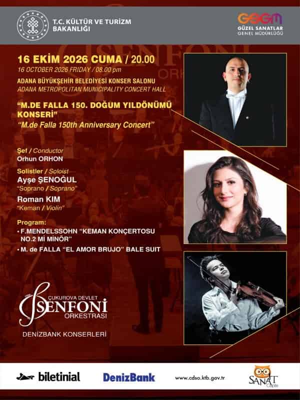 Çukurova Devlet Senfoni Orkestrası 16 Ekim Konseri, 16 Ekim 2026, Adana Büyükşehir Belediyesi Konser Salonu, Adana konser