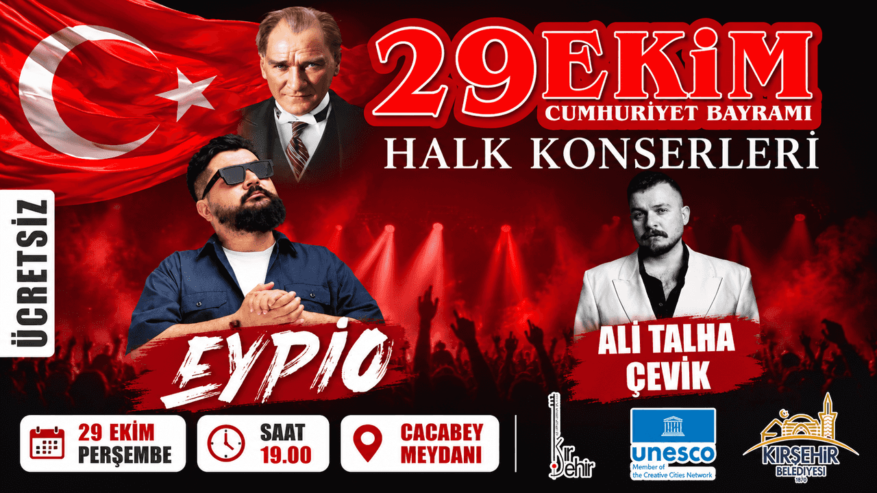 Eypio ve Ali Talha Çevik Cumhuriyet Bayramı Konseri, 29 Ekim 2026, Cacabey Meydanı, Kırşehir konser afişi